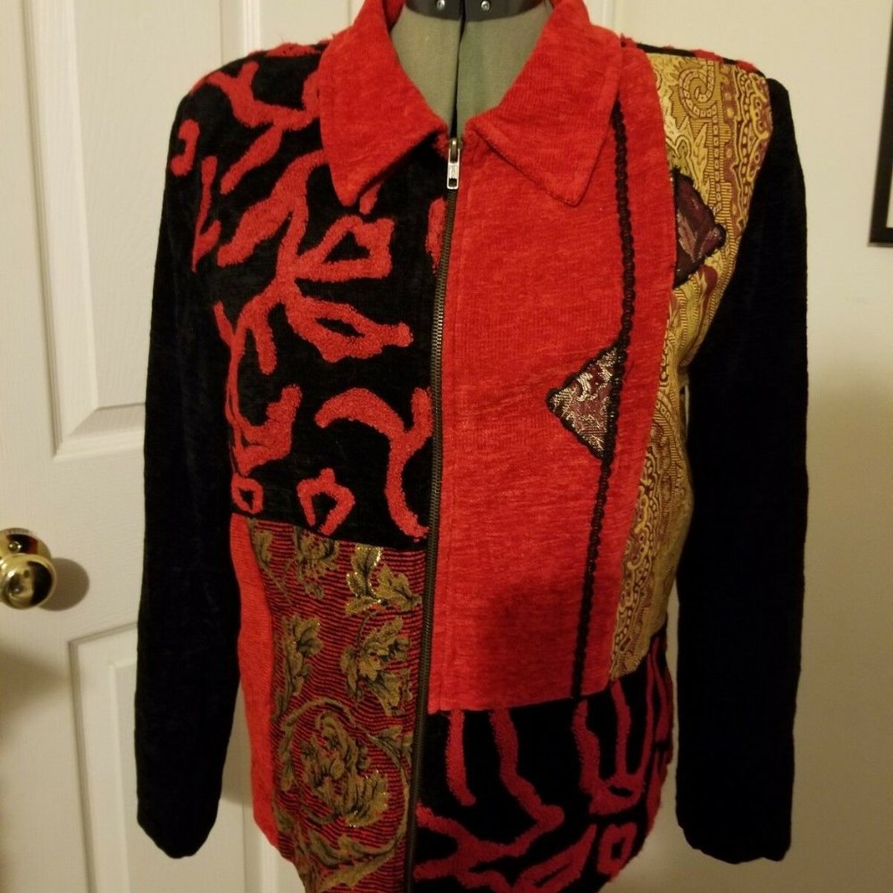 BOHO Art To Wear Size M Patchwork Zip Jacket Alex Kim Red Black